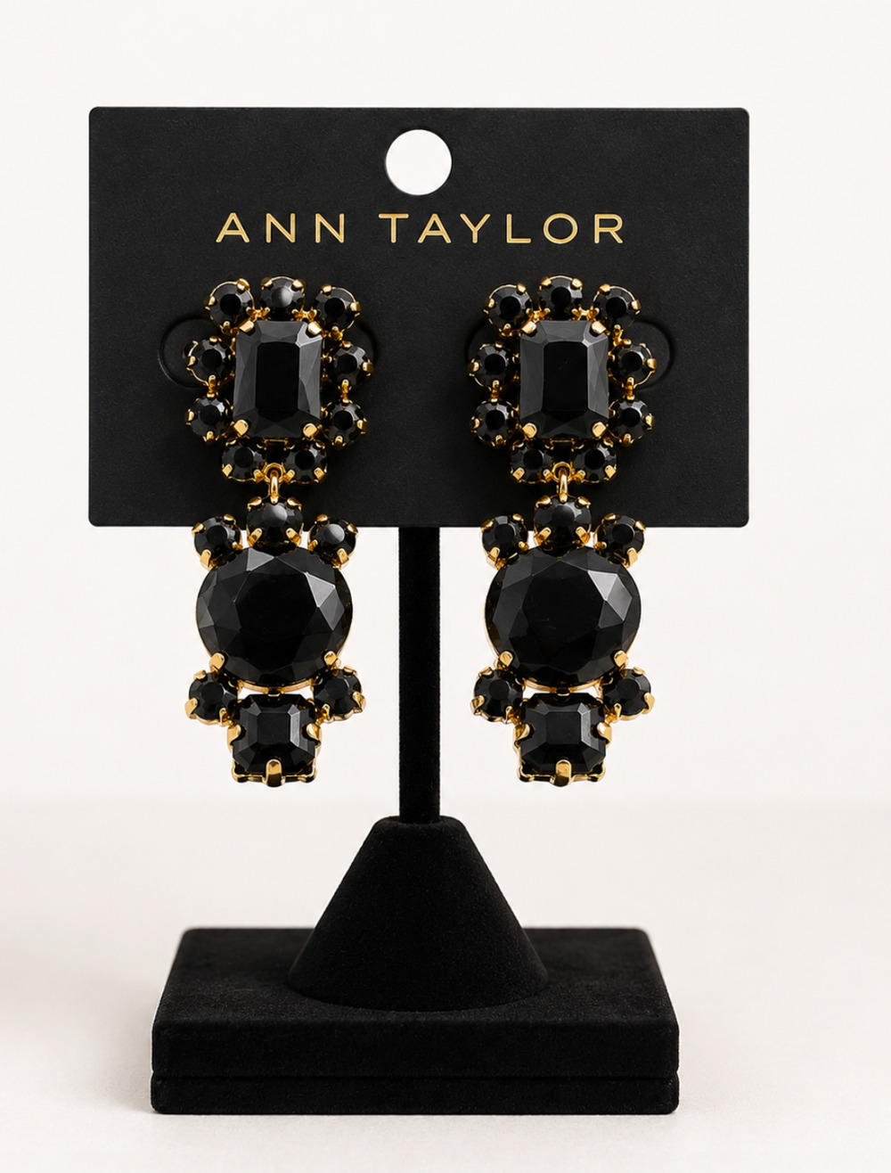 ANN TAYLOR BLACK GOLD RHINESTONE DROP STATEMENT EARRINGS